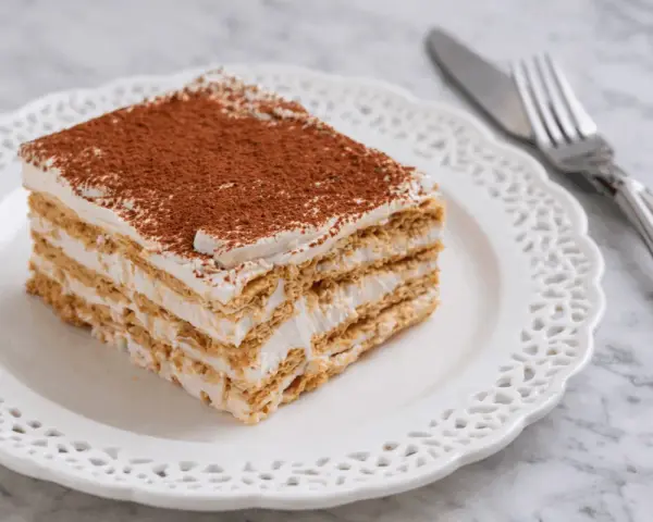 Fetta di torta stratificata con crema e cacao, perfetta per ricette con biscotti avanzati.