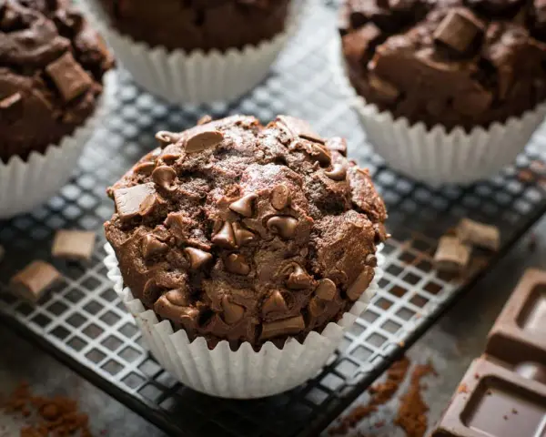 Muffin al cioccolato ricchi e golosi, con gocce e pezzi di cioccolato fondente, su una griglia con cacao e tavolette di cioccolato.