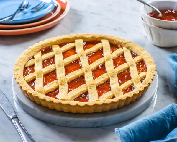 Crostata alla marmellata dorata, perfetta per il tempo cottura crostata forno statico. Servita su un piatto di marmo con tovagliolo blu.