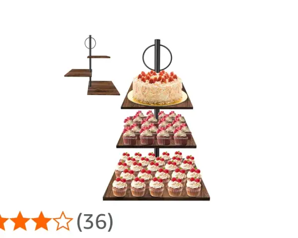 Espositore a più piani con torta centrale e numerosi cupcake decorati, perfetto per ogni festa.