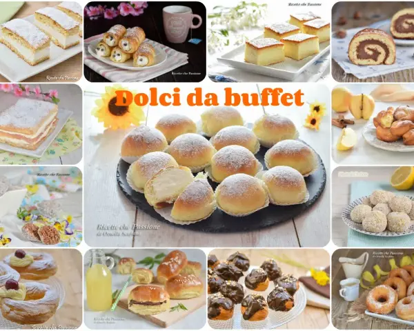 Un collage di dolci invitanti: cannoli, tortini, bignè, ciambelle e altre delizie perfette per un buffet di dolci idee.