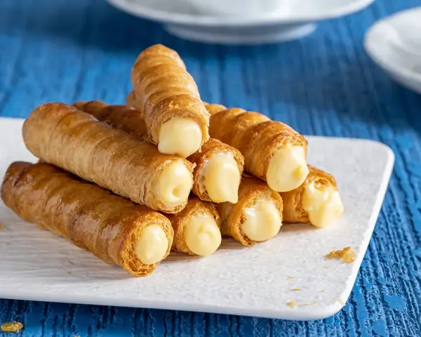 Un mucchio di cannoncini alla crema dorati, ripieni di una crema pasticcera liscia e invitante, pronti per essere gustati.