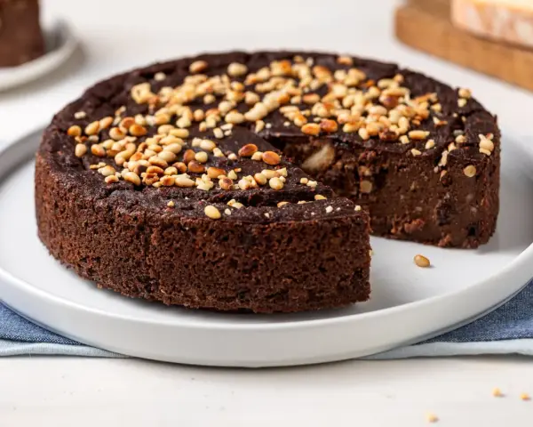 Torta paesana al cioccolato, ricca e umida, guarnita con pinoli tostati. Un dolce rustico che sa di casa.