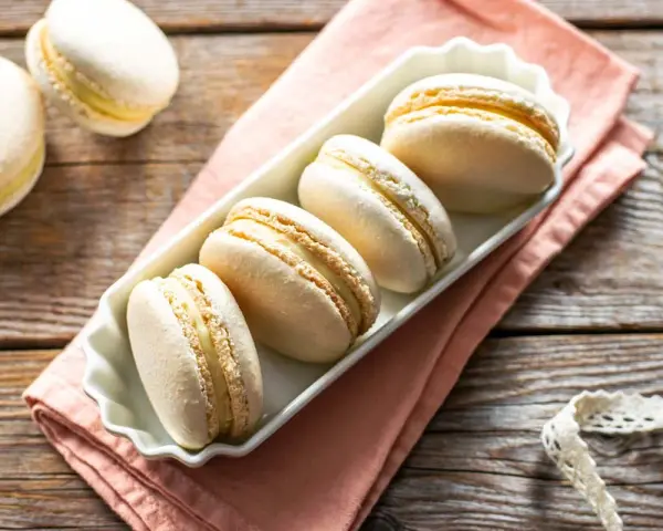 Macarons bianchi e dorati, perfetti esempi di come sono fatti i macarons, con ripieno cremoso, su un piatto bianco e tovagliolo rosa.