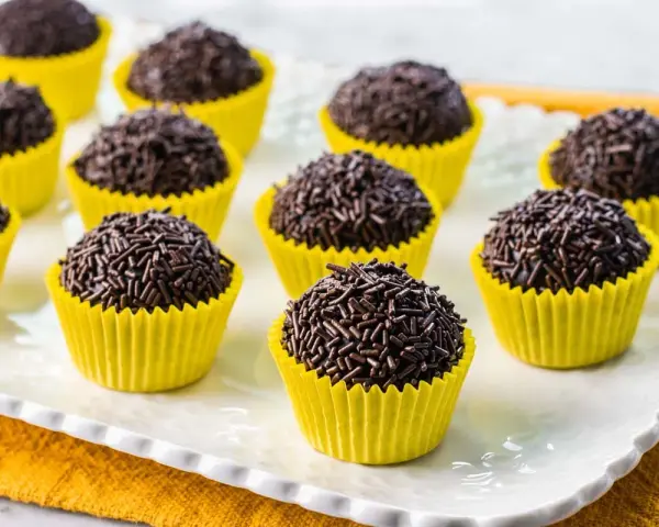 Deliziosi dolcetti brasiliani, brigadeiros al cioccolato, ricoperti di codette, serviti in pirottini gialli su un piatto bianco.