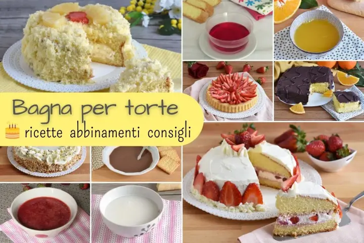 Collage di torte e ingredienti per bagna per pan di spagna: torte decorate, fragole, arance, gelatina, cioccolato e creme.