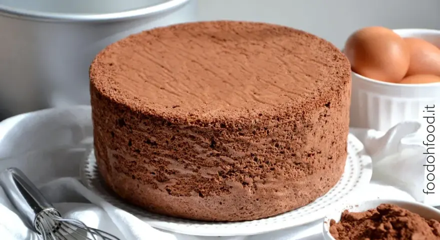 Un soffice pandispagna al cacao, pronto per essere farcito. Ingredienti freschi come uova e cacao in polvere completano la scena.