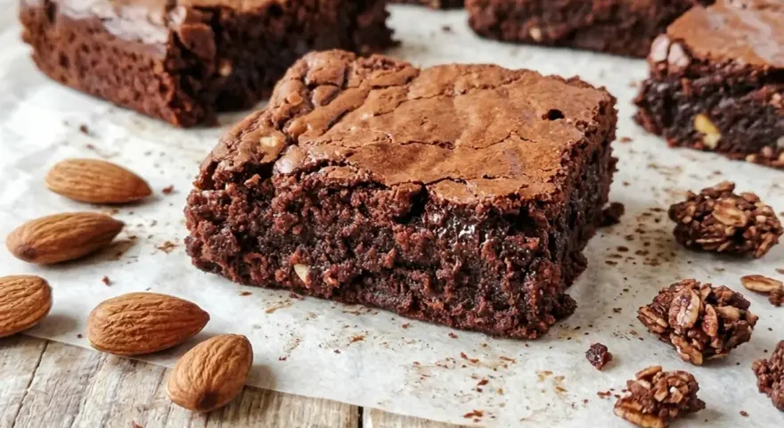 Brownies ricetta: quadrati di cioccolato fondente, umidi e ricchi, con mandorle intere e pezzetti croccanti di granola al cioccolato.