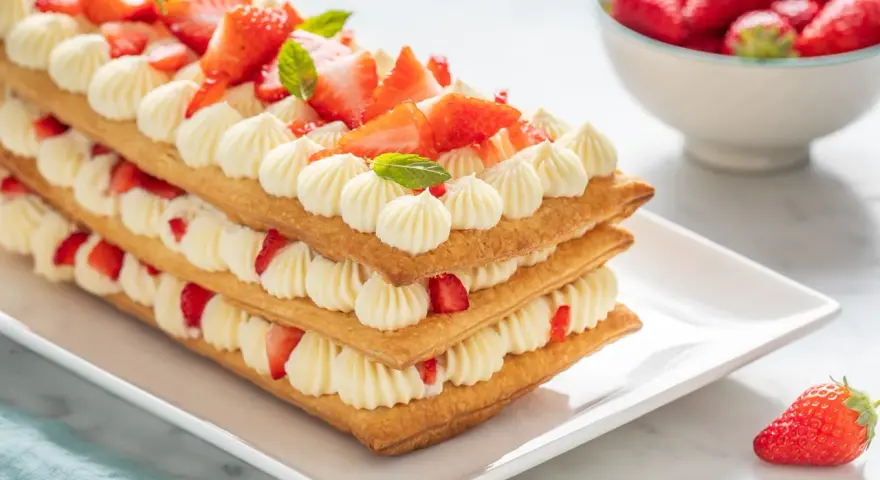 Deliziosi dolci primaverili a strati con crema e fragole fresche, un tripudio di sapori e colori.