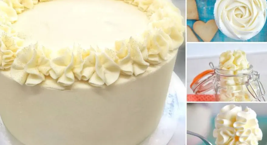 Torta decorata con crema solida per farcire torte, con dettagli scintillanti e decorazioni a rosa.