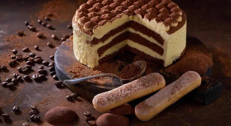 Una deliziosa torta tiramisù, con strati di crema e cacao, circondata da chicchi di caffè e savoiardi.