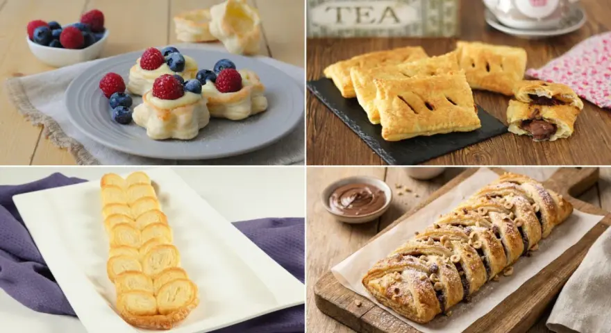 Quattro idee di dolci con pasta sfoglia: tartellette alla crema e frutti di bosco, fagottini al cioccolato, ventagli e treccia alla nocciola.