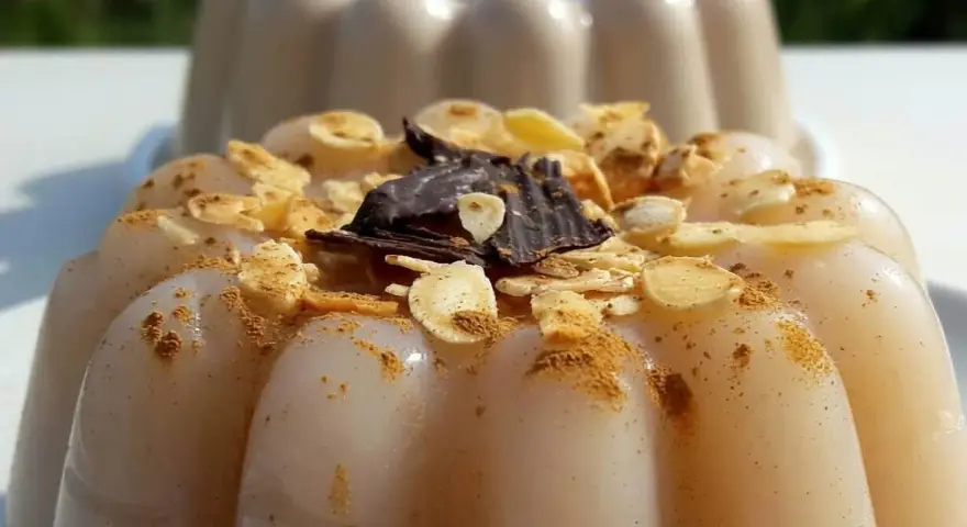 Delizioso biancomangiare ricetta originale siciliana, guarnito con mandorle tostate, cannella e scaglie di cioccolato fondente.