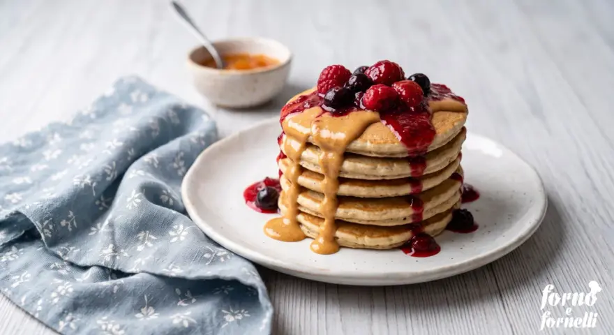 Pila di pancake proteici guarniti con burro d'arachidi, frutti di bosco e marmellata. Una deliziosa ricetta per iniziare la giornata con energia.