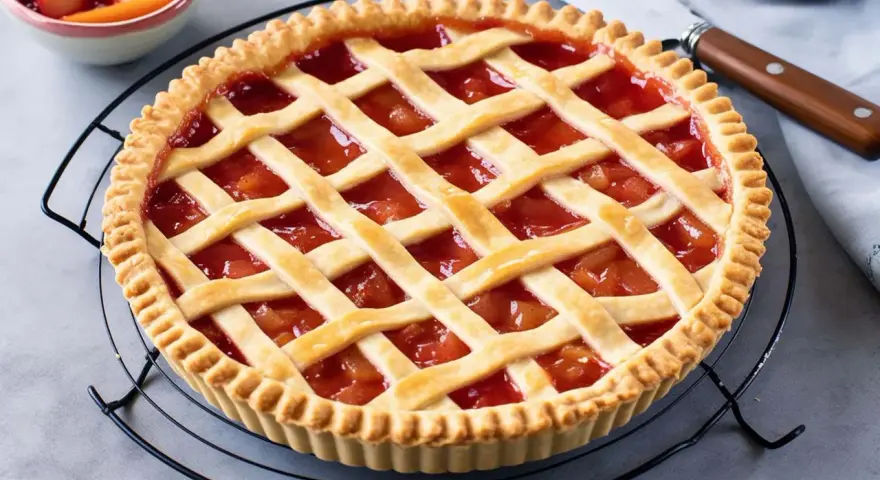 Crostata base con ripieno di frutta rossa, decorata con una griglia di pasta frolla. Perfetta per ogni occasione.