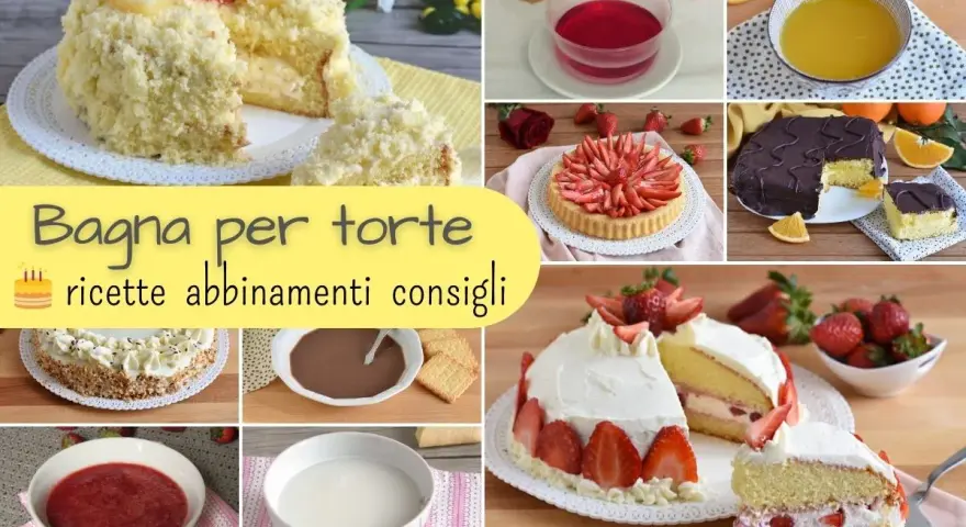 Collage di torte e ingredienti per bagna per pan di spagna: torte decorate, fragole, arance, gelatina, cioccolato e creme.