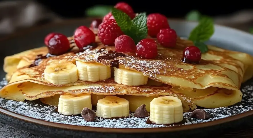 Deliziose crepes con banane a rondelle, lamponi freschi, gocce di cioccolato e una spolverata di zucchero a velo.