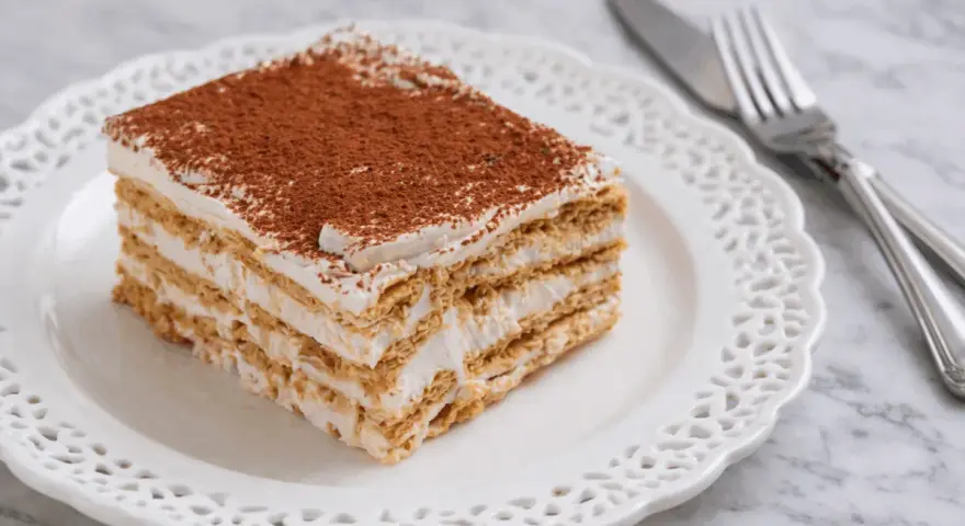 Fetta di torta stratificata con crema e cacao, perfetta per ricette con biscotti avanzati.