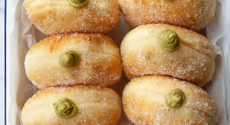 Sei bomboloni soffici, cosparsi di zucchero e guarniti con una deliziosa crema al pistacchio.