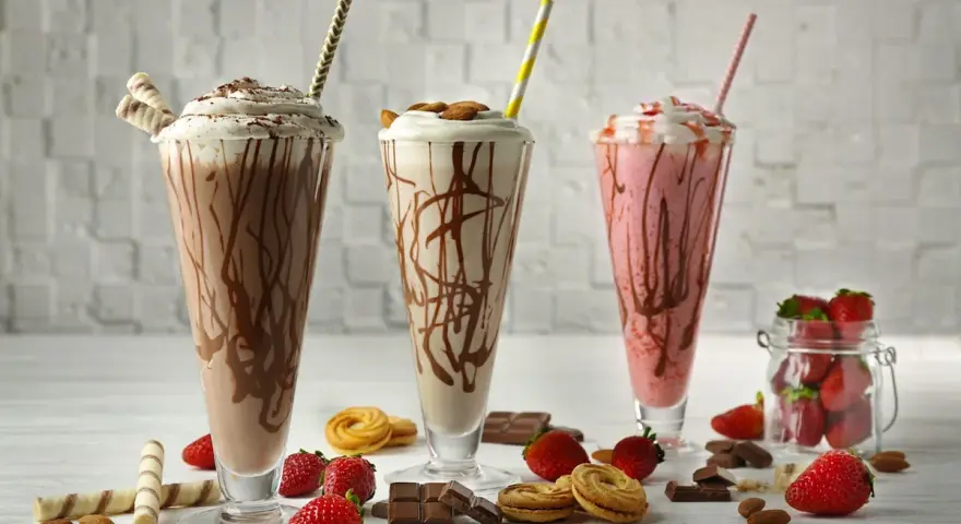 Tre milkshake golosi: cioccolato, mandorle e fragola. Una deliziosa milkshake ricetta per ogni gusto, con fragole fresche e biscotti.