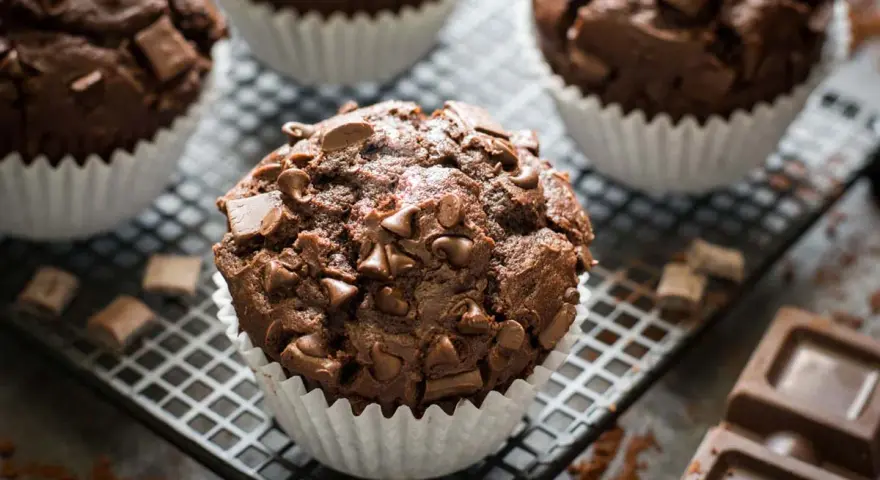 Muffin al cioccolato ricchi e golosi, con gocce e pezzi di cioccolato fondente, su una griglia con cacao e tavolette di cioccolato.