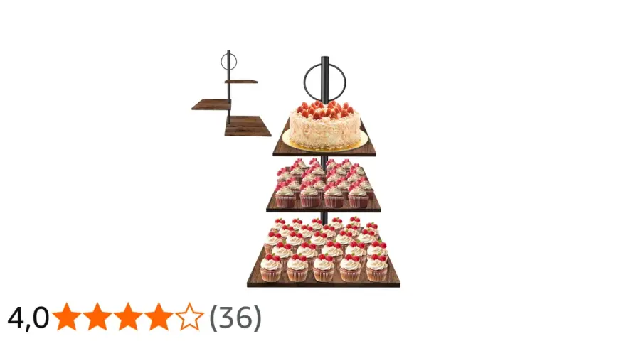 Espositore a più piani con torta centrale e numerosi cupcake decorati, perfetto per ogni festa.