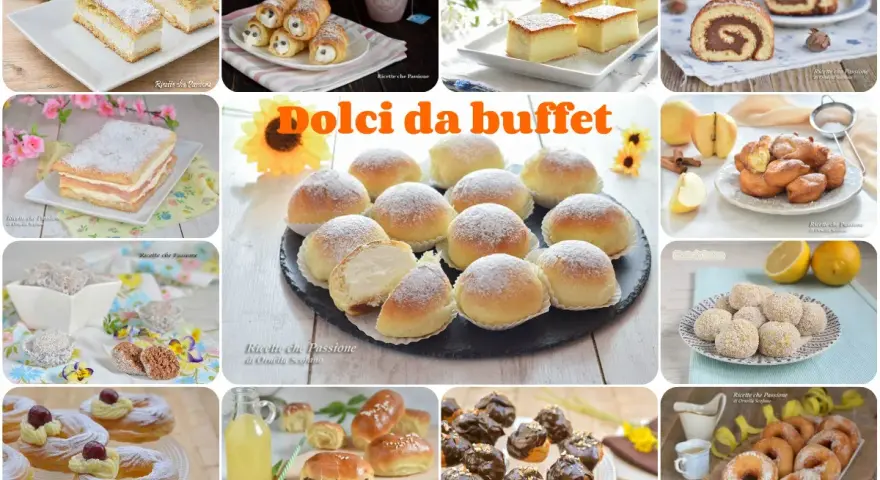 Un collage di dolci invitanti: cannoli, tortini, bignè, ciambelle e altre delizie perfette per un buffet di dolci idee.