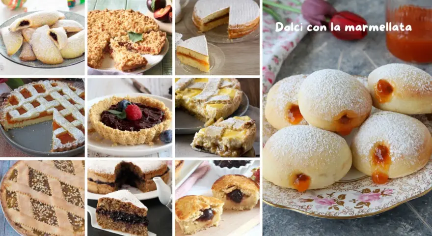Varietà di dolci con marmellata: crostate, pasticcini e bomboloni ripieni, un tripudio di sapori.
