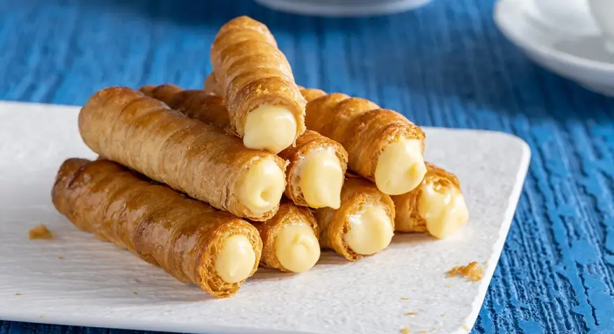 Un mucchio di cannoncini alla crema dorati, ripieni di una crema pasticcera liscia e invitante, pronti per essere gustati.