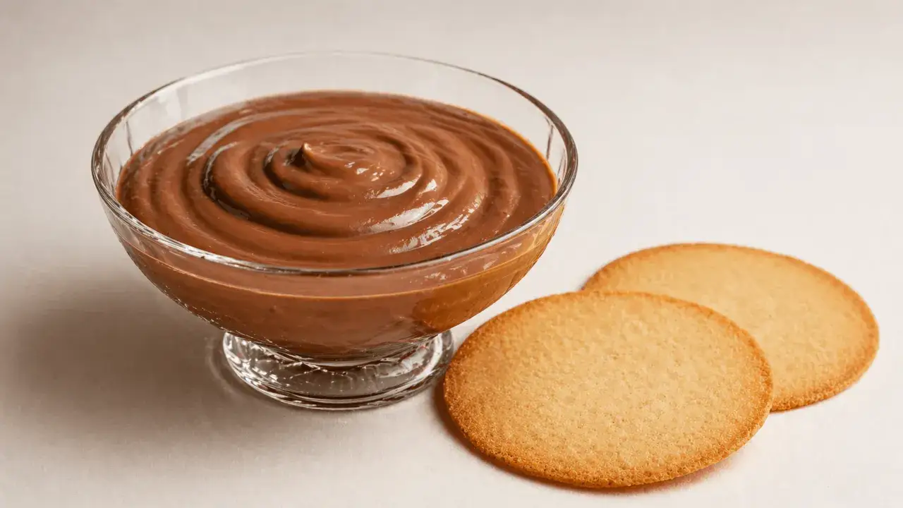 Coppetta di crema di cogne al cioccolato, con due biscotti rotondi accanto.