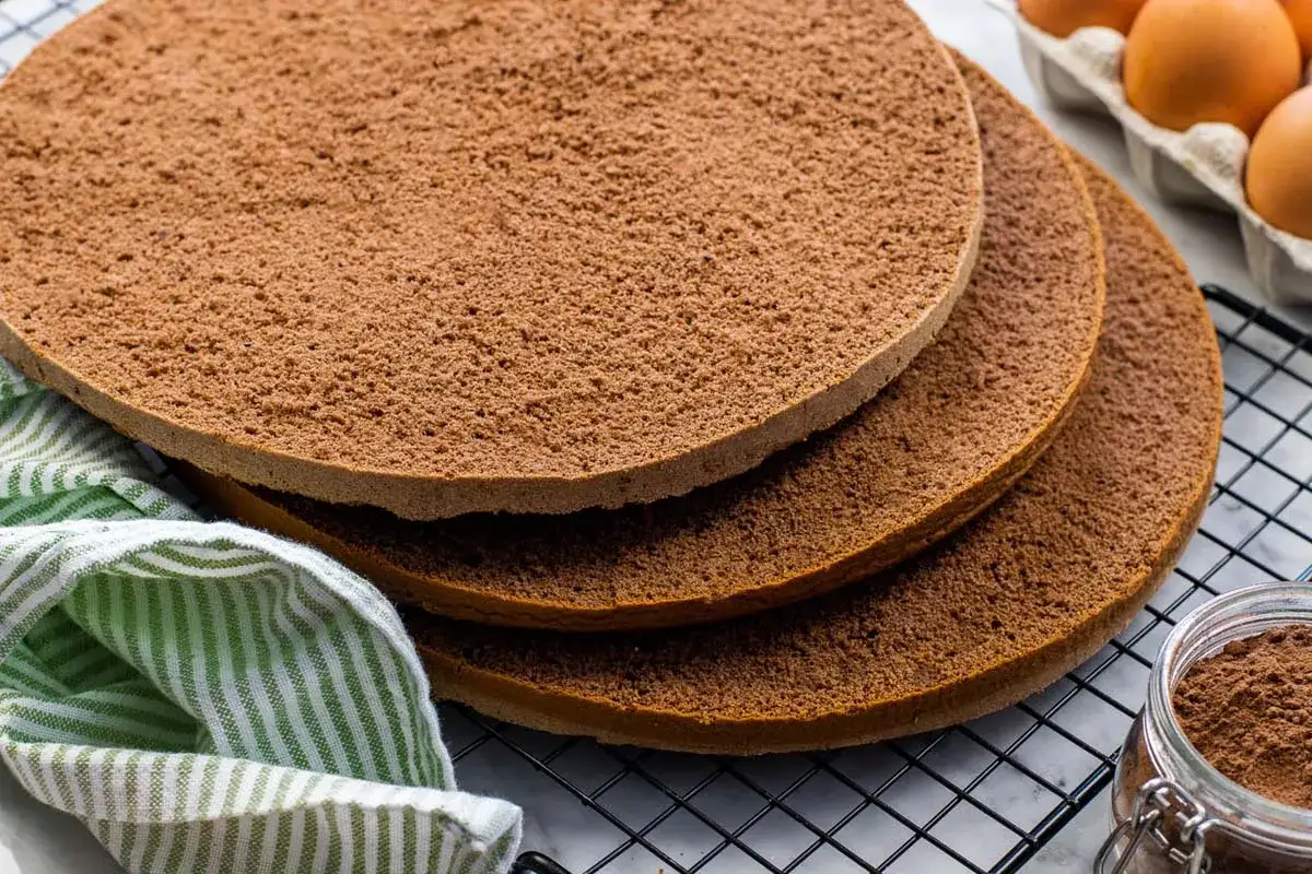 Tre dischi di soffice pandispagna al cacao, pronti per essere farciti. Accanto, un barattolo di cacao in polvere e uova fresche.
