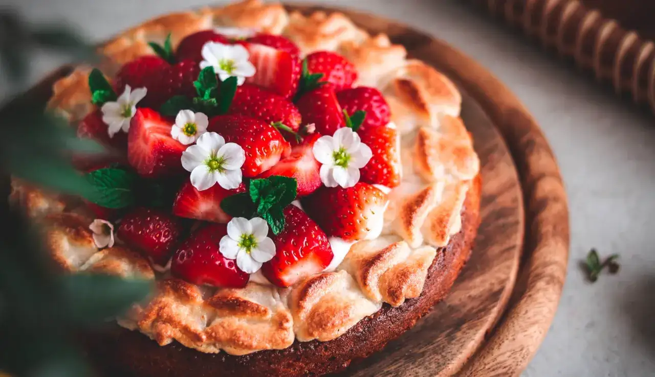 Torta con fragole fresche e meringa, decorata con fiori bianchi e menta. Un dolce primaverile perfetto per celebrare la stagione.