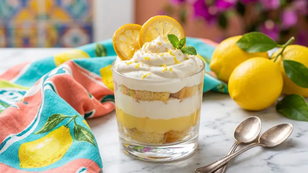 Delizioso dessert a strati con pan di Spagna, crema e una soffice mousse al limone, guarnito con fettine di limone e menta.