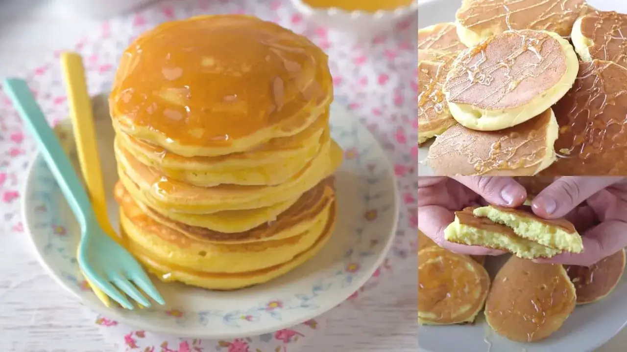 Pancakes soffici con farina di riso, impilati e irrorati di sciroppo dorato. Perfetti per una colazione golosa.