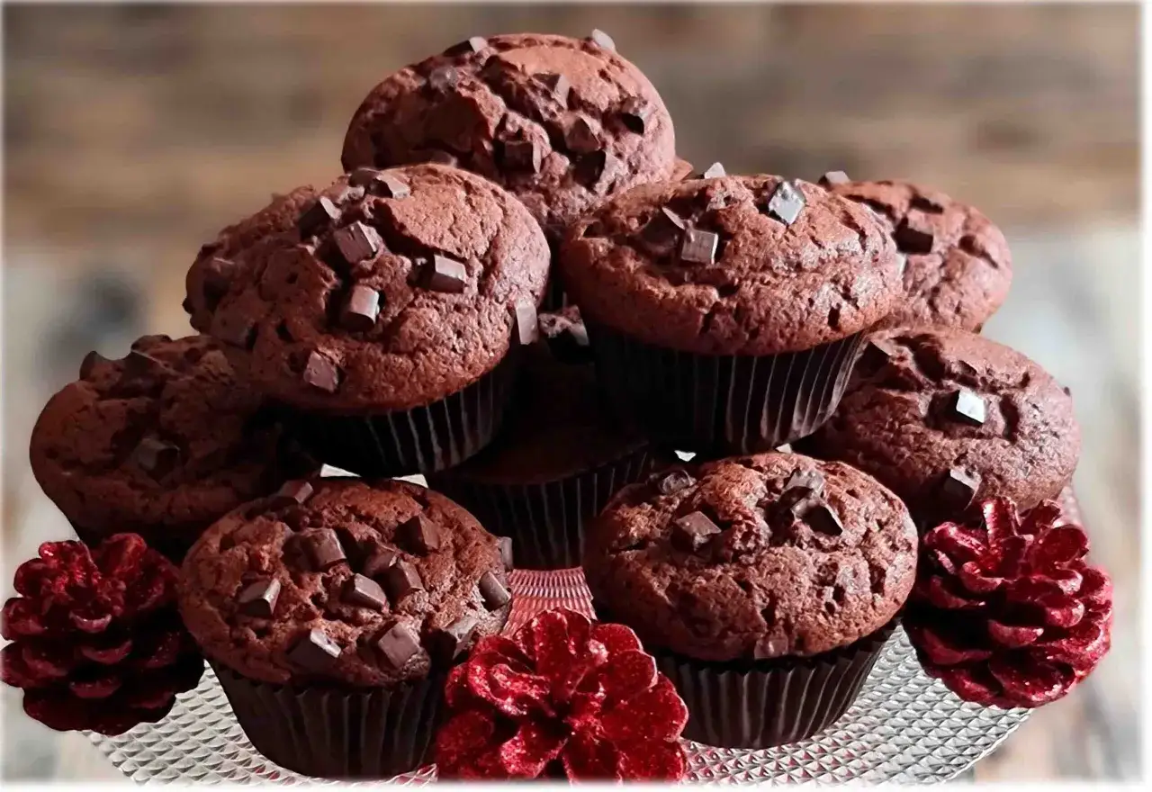 Muffin con albumi al cioccolato, ricchi di gocce, disposti a piramide su un piatto decorato con fiori rossi scintillanti.
