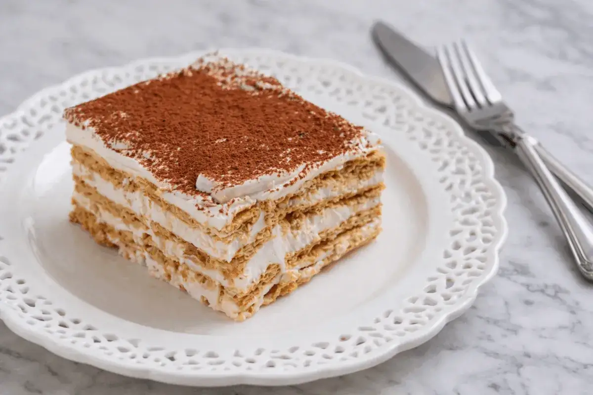 Fetta di torta stratificata con crema e cacao, perfetta per ricette con biscotti avanzati.