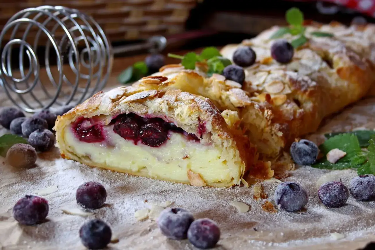 Una deliziosa treccia mochena ripiena di ciliegie e crema, cosparsa di mandorle e zucchero a velo, con mirtilli freschi e menta.