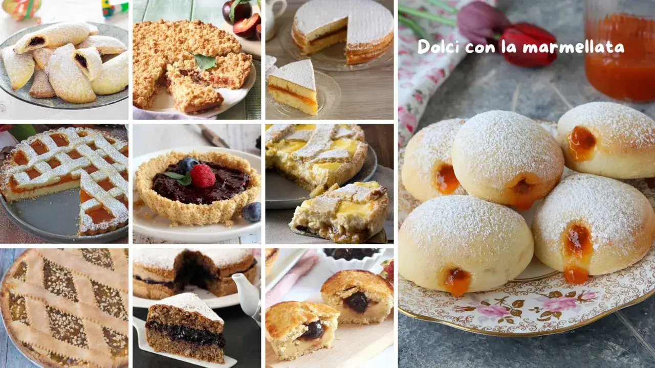Varietà di dolci con marmellata: crostate, pasticcini e bomboloni ripieni, un tripudio di sapori.