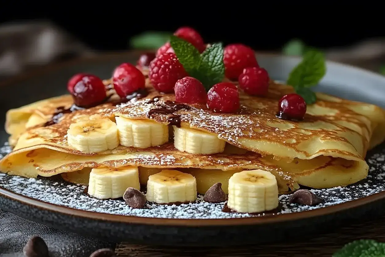 Deliziose crepes con banane a rondelle, lamponi freschi, gocce di cioccolato e una spolverata di zucchero a velo.
