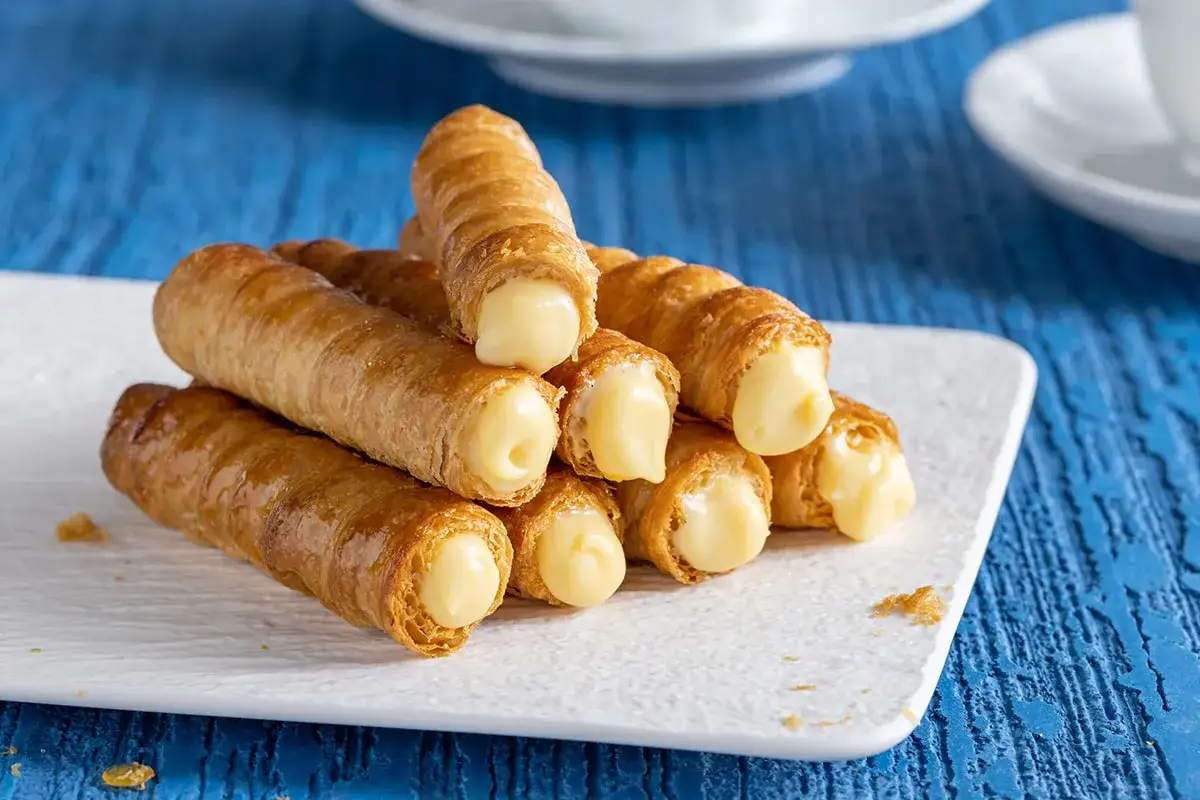 Un mucchio di cannoncini alla crema, dorati e ripieni di una crema gialla e liscia, pronti per essere gustati.